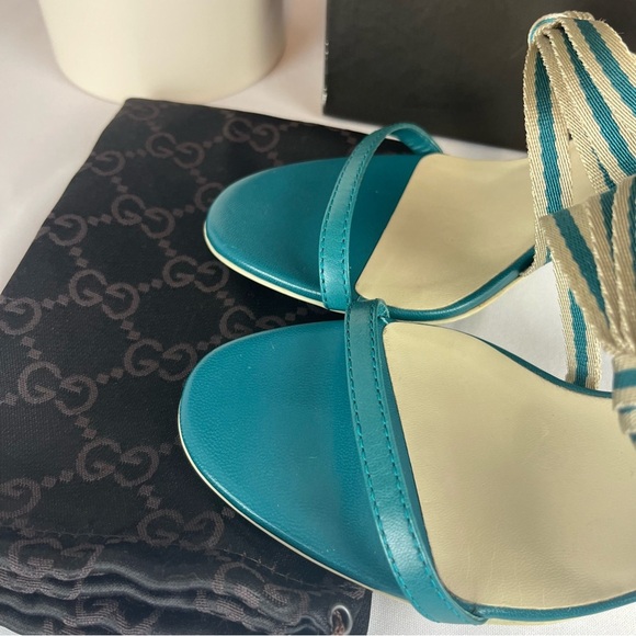 Gucci Teal Blue Fabric and Leather Mirabelle Slide Sandals Shoes Spring Size 36 - Picture 3 of 13